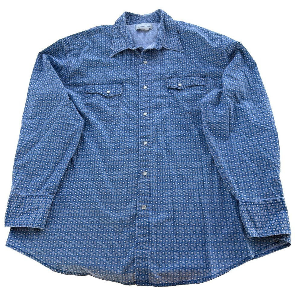 Wrangler Wrancher Blue Paisley Pearl Snap Western Cowboy Shirt Long Sleeve